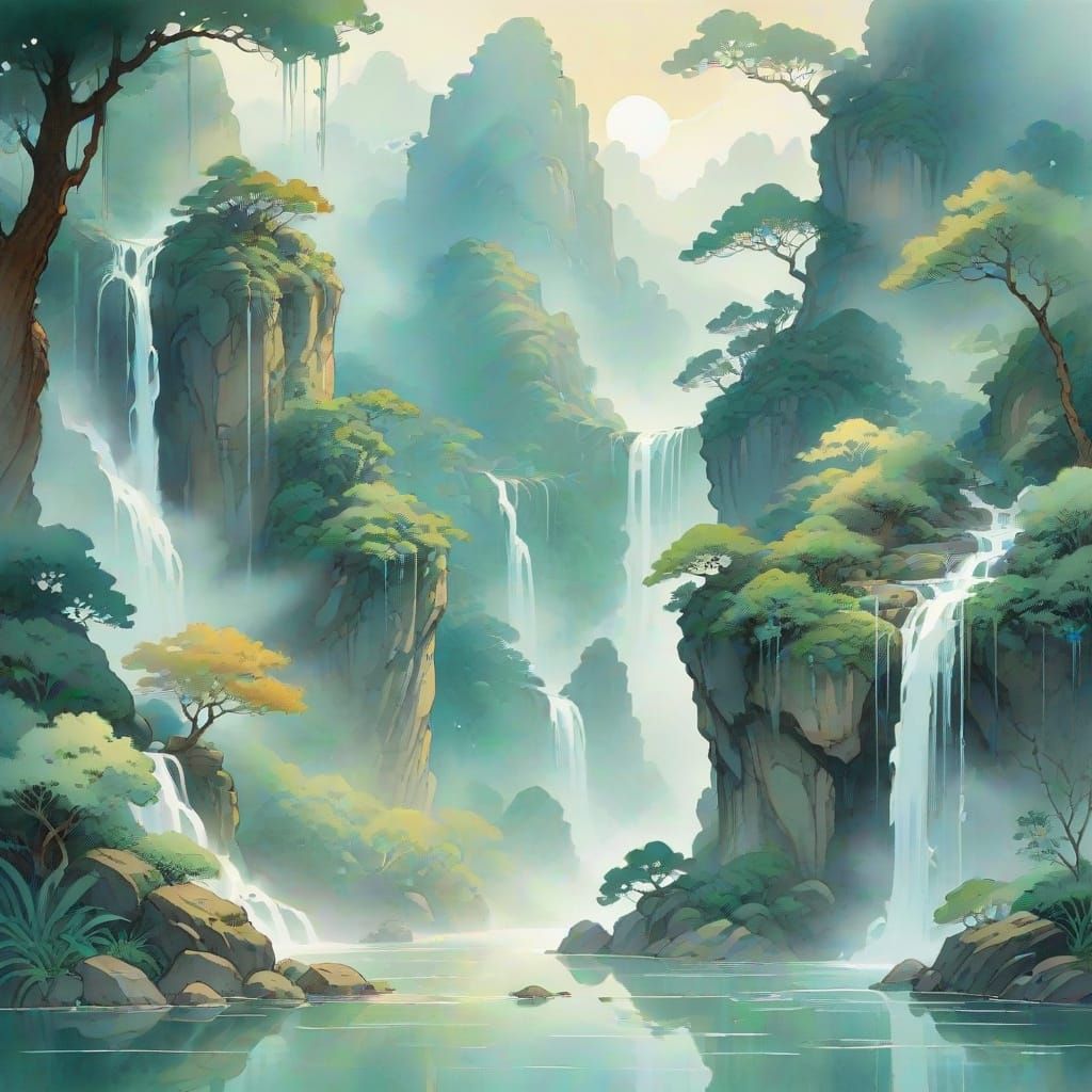 Serene Waterfall Spirit in Traditional Chinese Brushstrokes