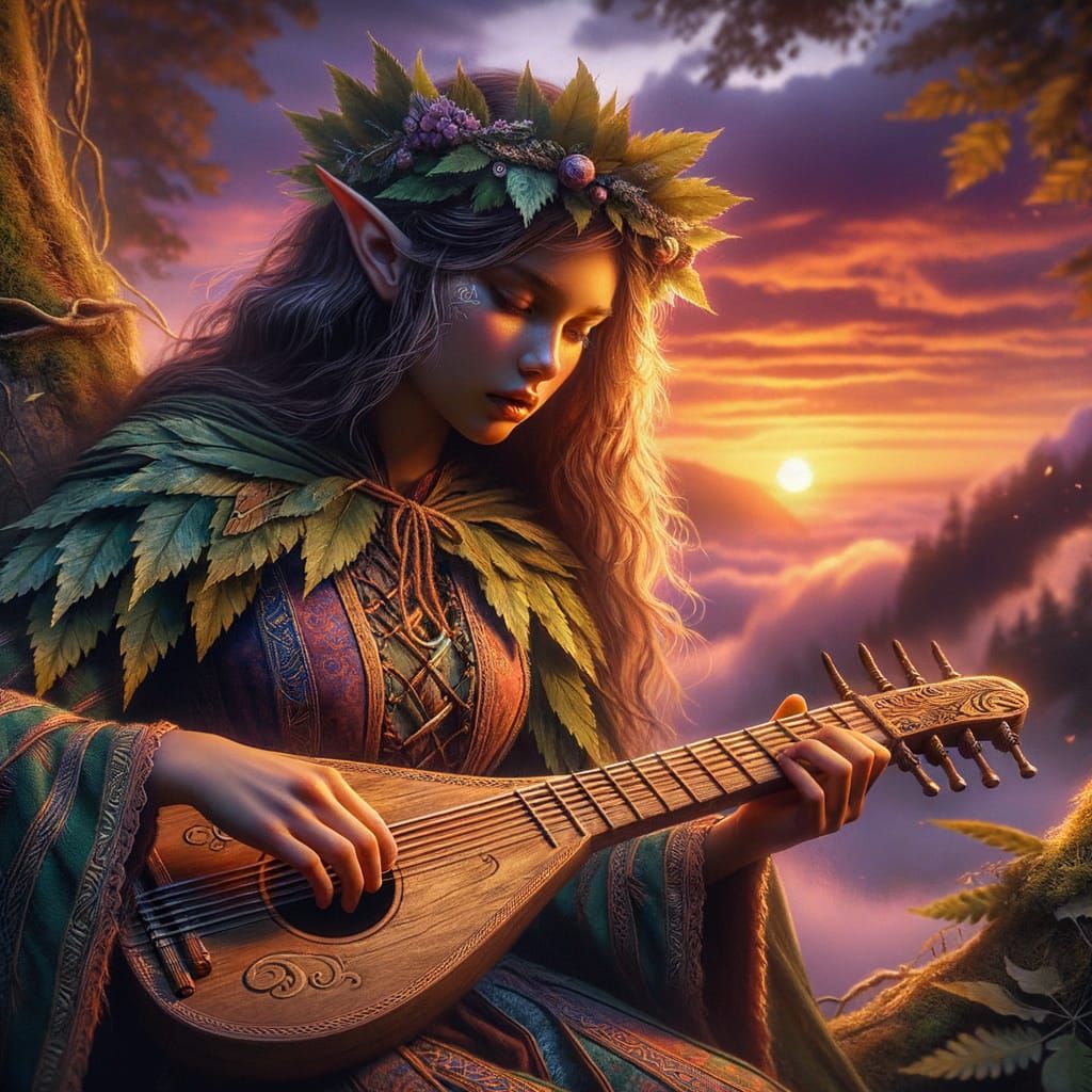Elven Musician Playing Bard at Magical Sunset