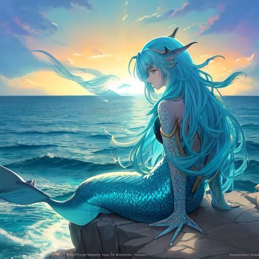 Anime-Style Mermaid with Turquoise Scales and Golden Hair