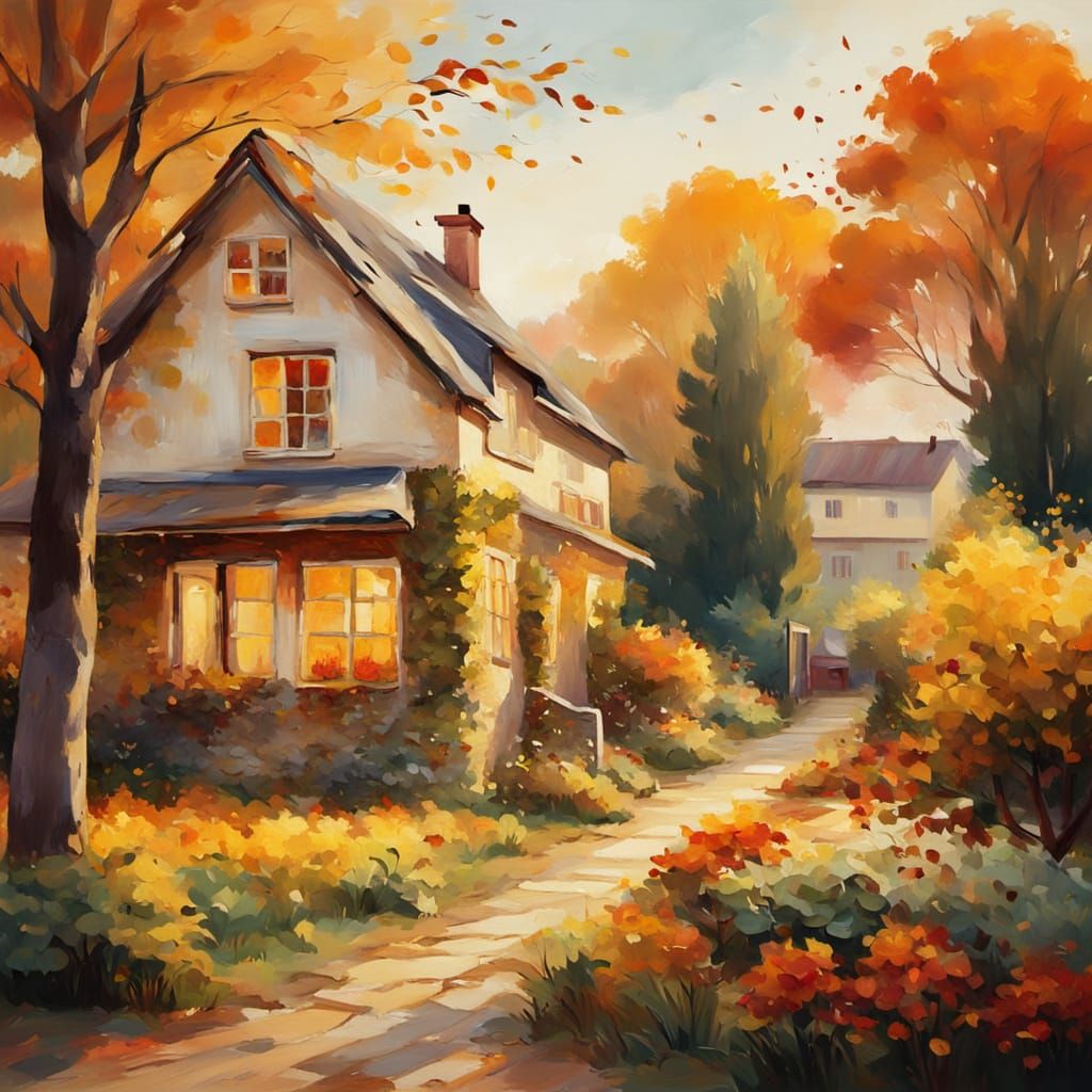 Impressionist Garden Scene with Autumn Colors