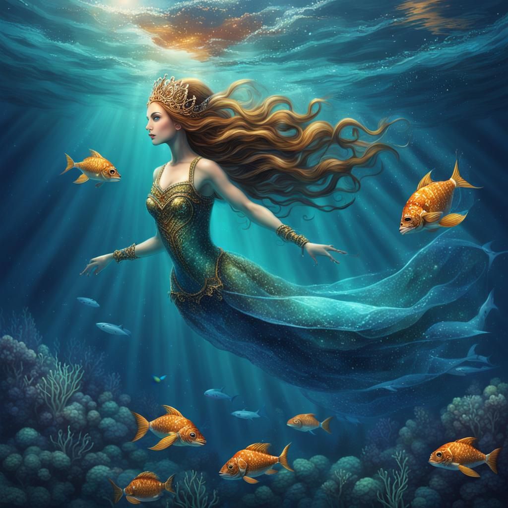 Beautiful Mermaid Princess Swimming in Calm Ocean