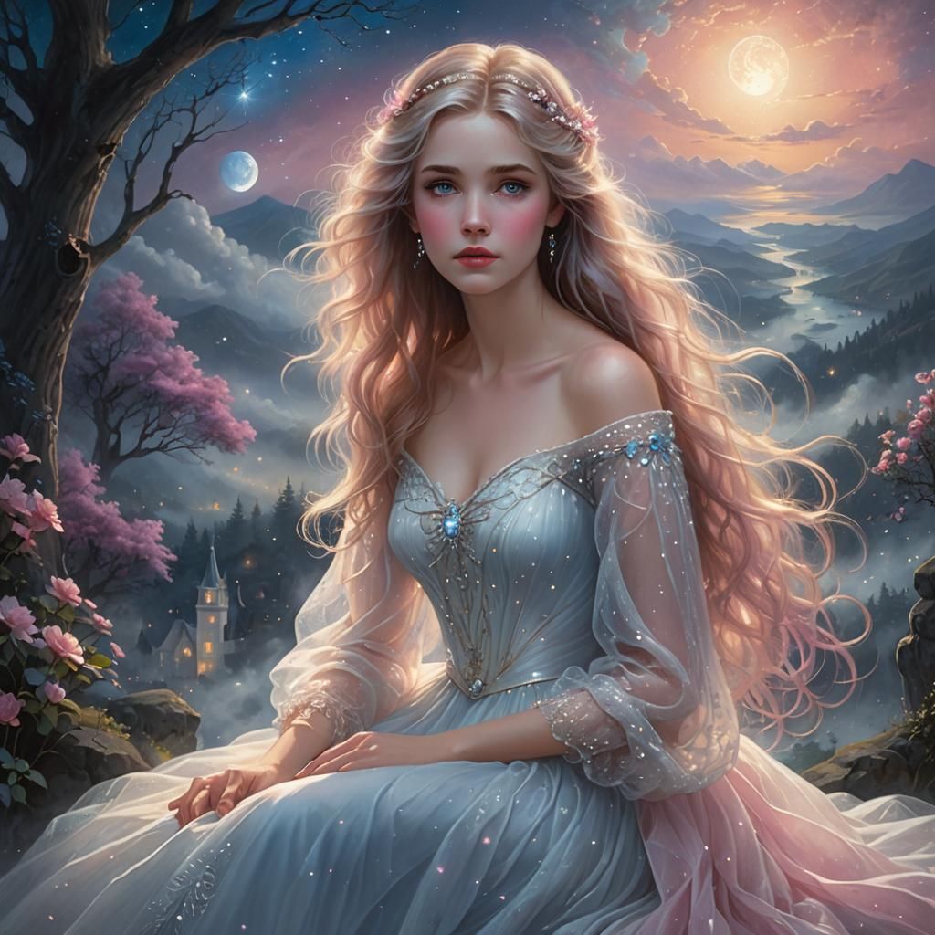 Ethereal Woman with Glowing Hair in Night Sky