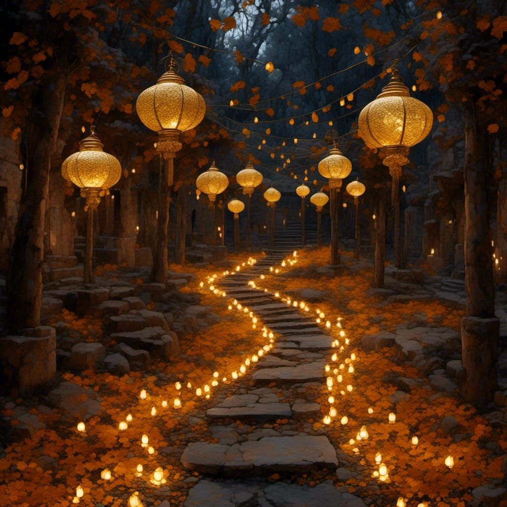 Golden Lanterns Light Forest Path