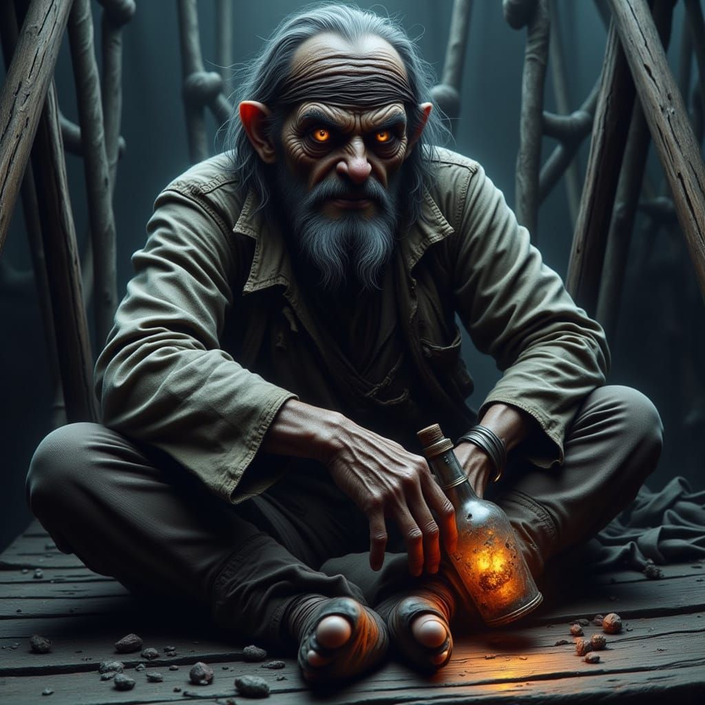 Weathered Pirate Sits on a Ship Dock in Deep Fog