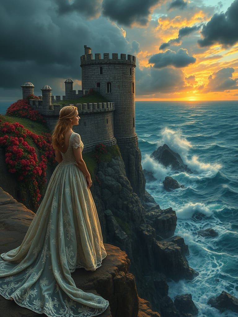Majestic Princess Contemplates Ancient Tower Amidst Tempestu...