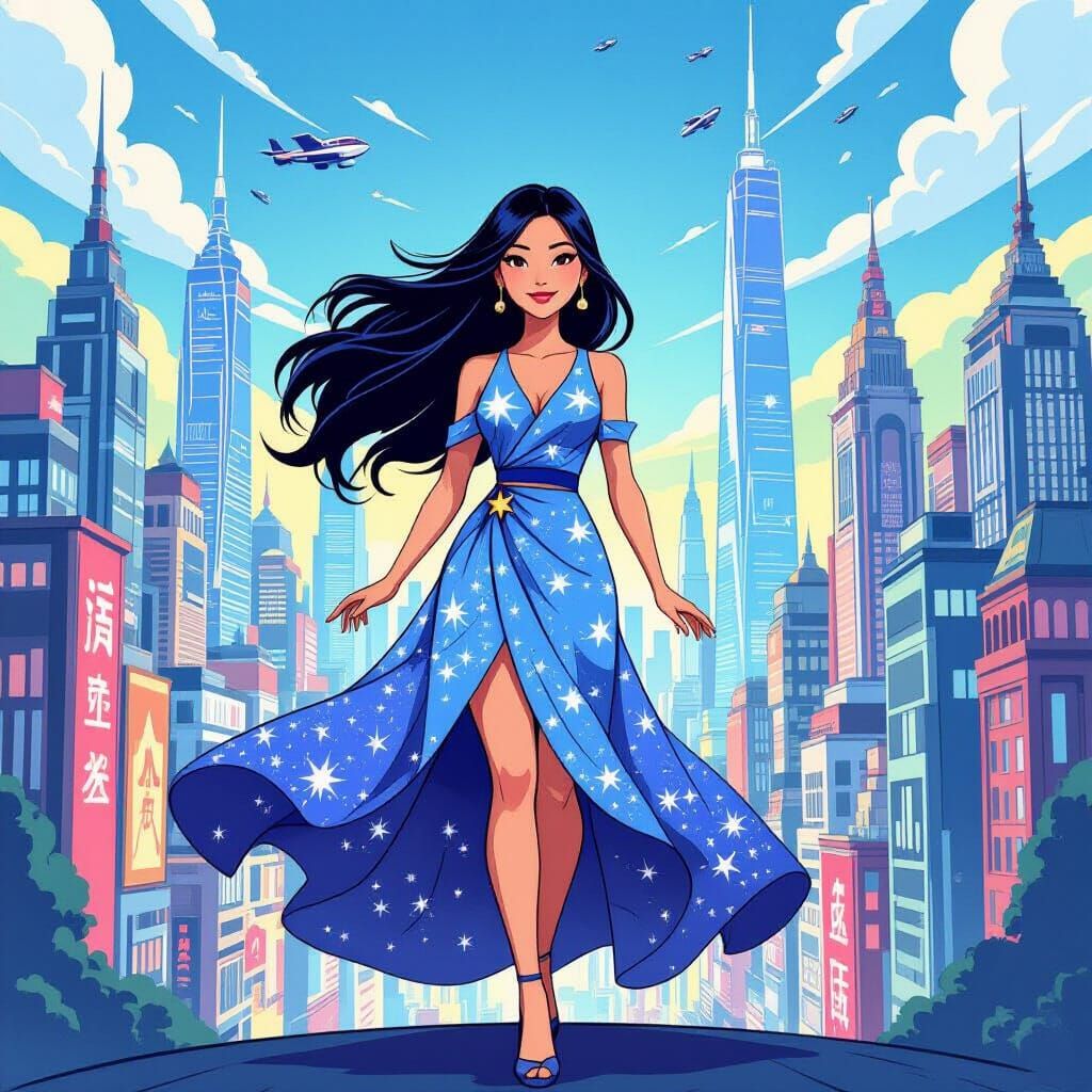 Confident Woman in Metropolis, Cartoon Illustration