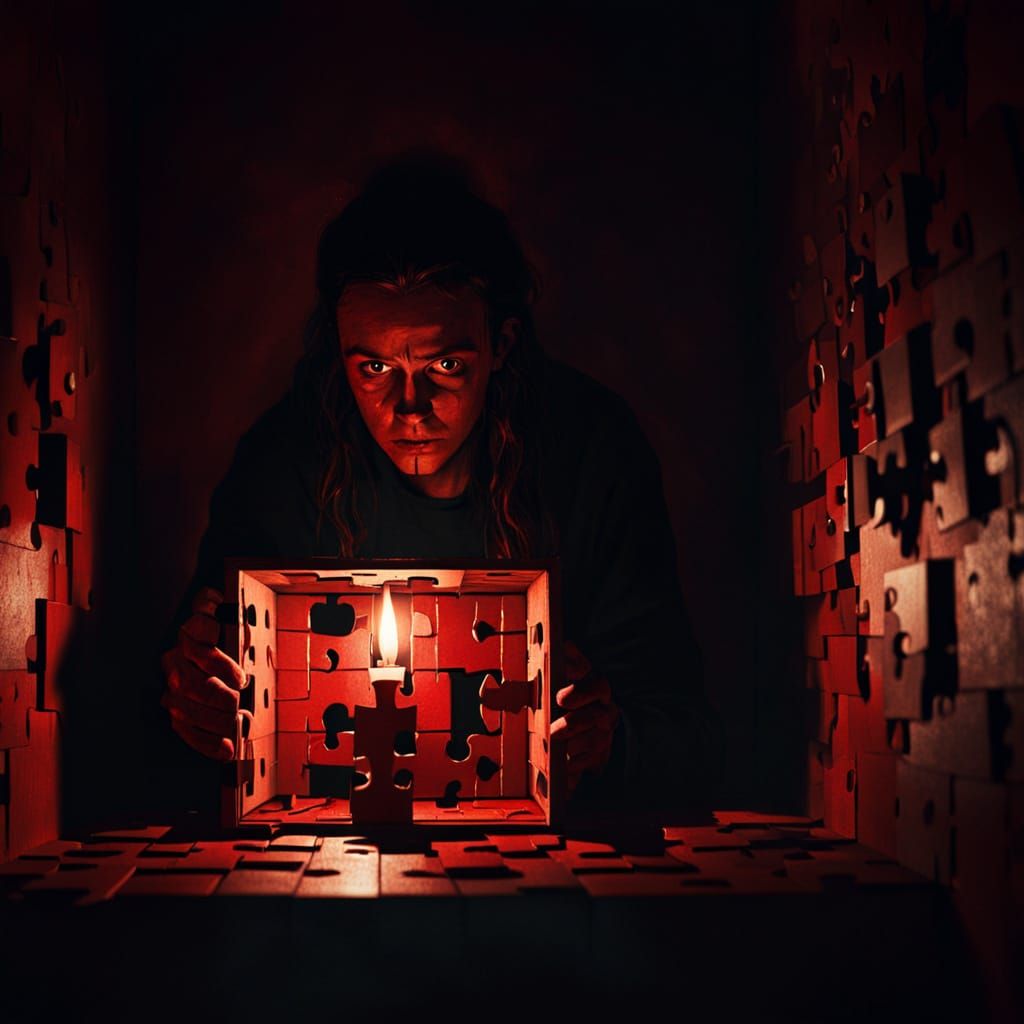 Ominous Horror Movie Concept Art with Jigsaw Puzzle