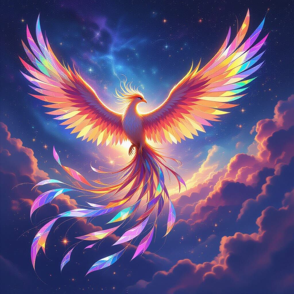 Glass Phoenix Soars Through Celestial Nebulae Sky