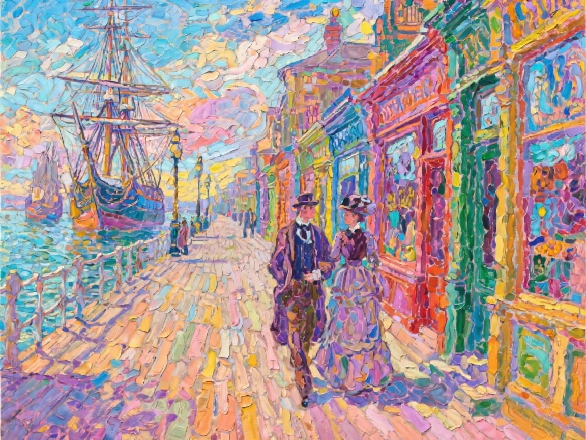 Victorian Couple on Extravagant Pier with Ships