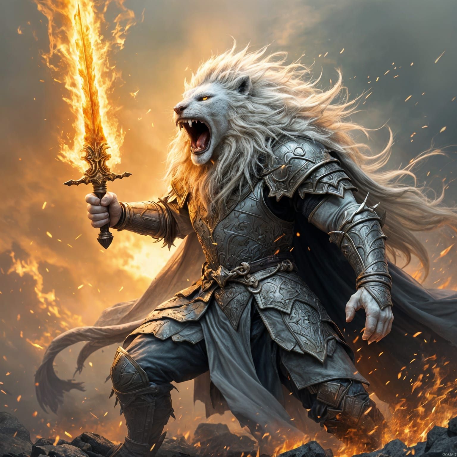 Anthropomorphic Battle Animal the white lipn knight in medieval armour, with fire sword in his hands Roaring the battle ...