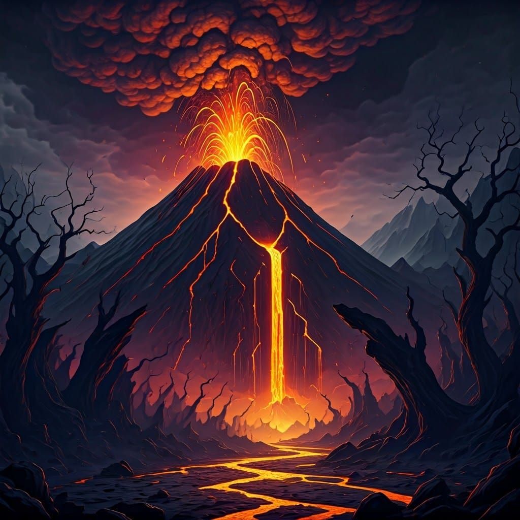 Volcano Eruption in a Dark Fantasy Landscape