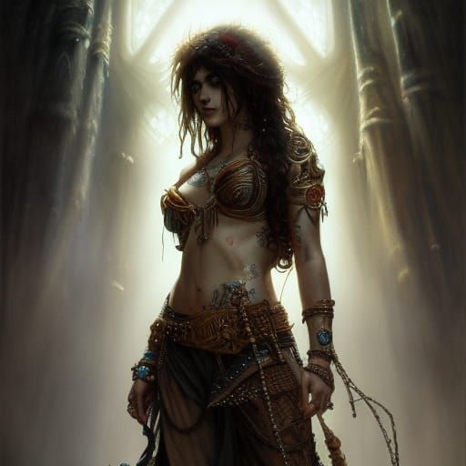 Woman with Runic Tattoos: Ink Drawing in Vivid Colors