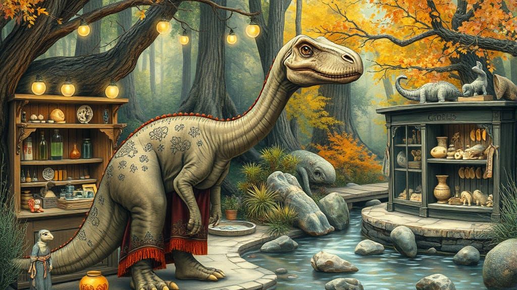 Brontosaurus Running Fossil Shop in Storybook Style