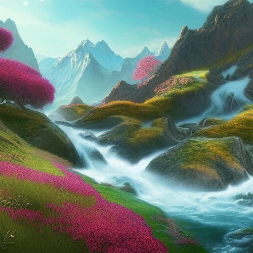 Fantastical River Pagoda with Blossoms and Alps