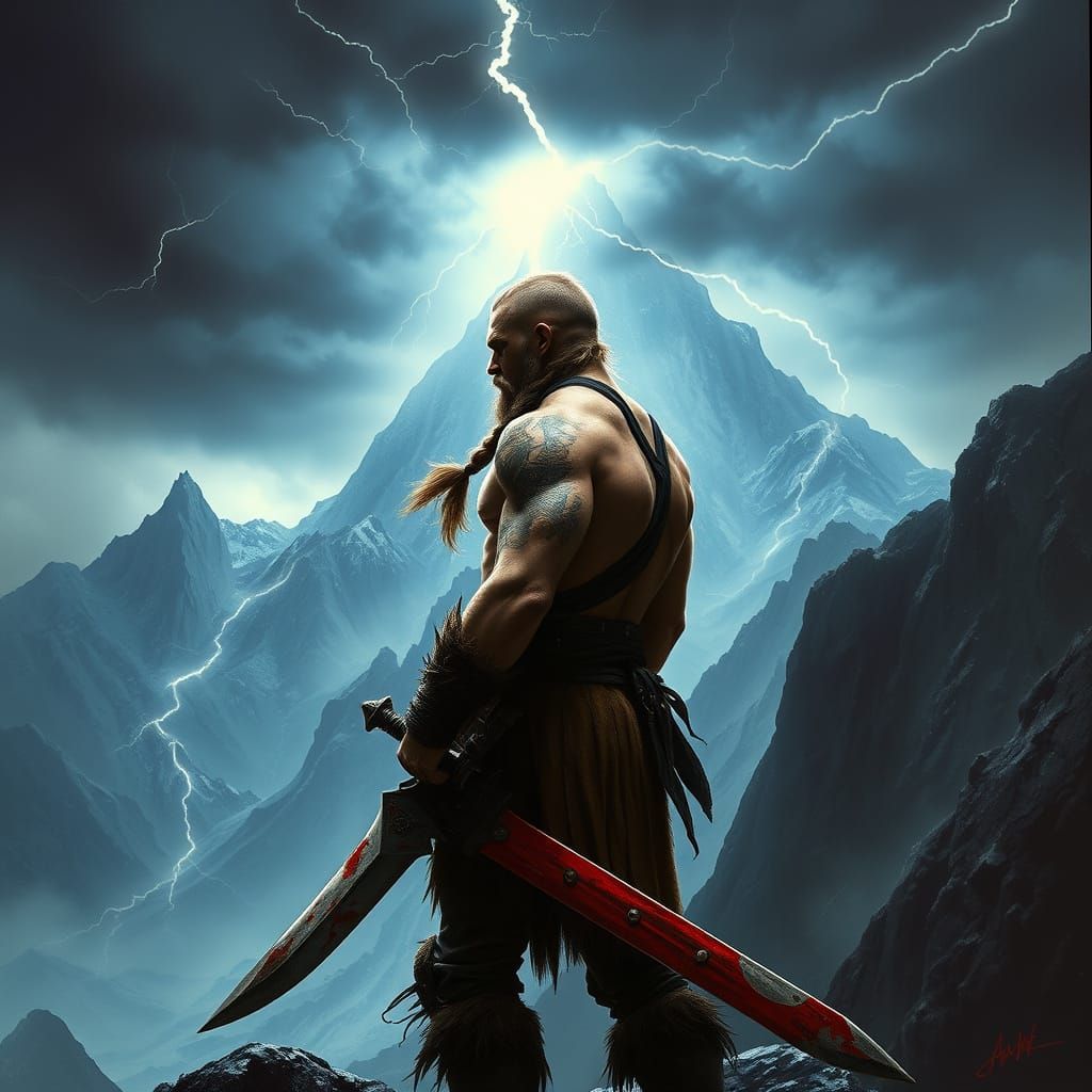 Barbarian Warrior Stands Against Stormy Mountain Range