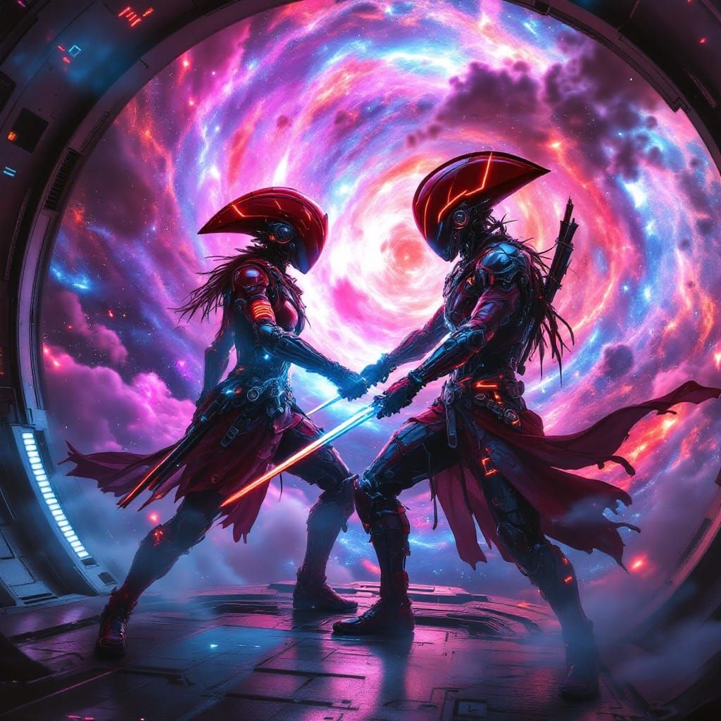 Cybernetic Pirates Duel in Neon Nebula, Cyberpunk Style