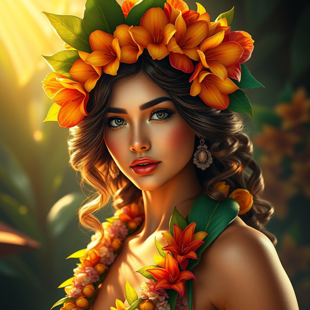 Hawaiian Flower Maiden Portrait in Art Nouveau Style
