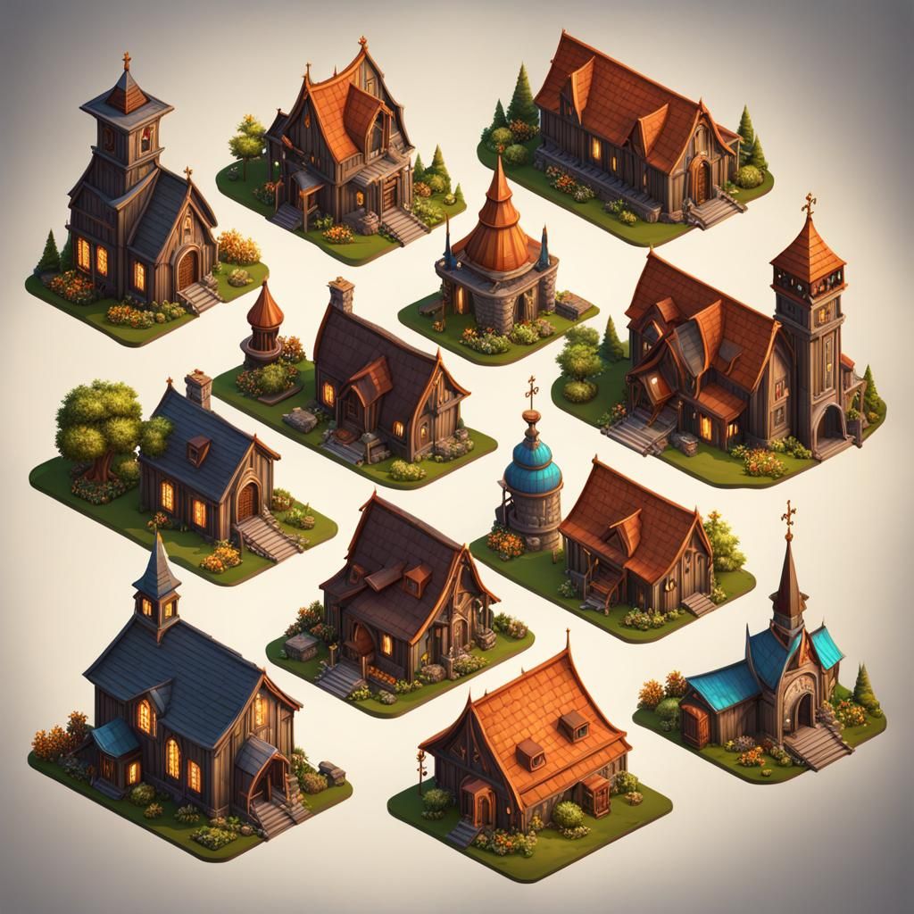 Isometric Game Assets: House, Blacksmith, Church
