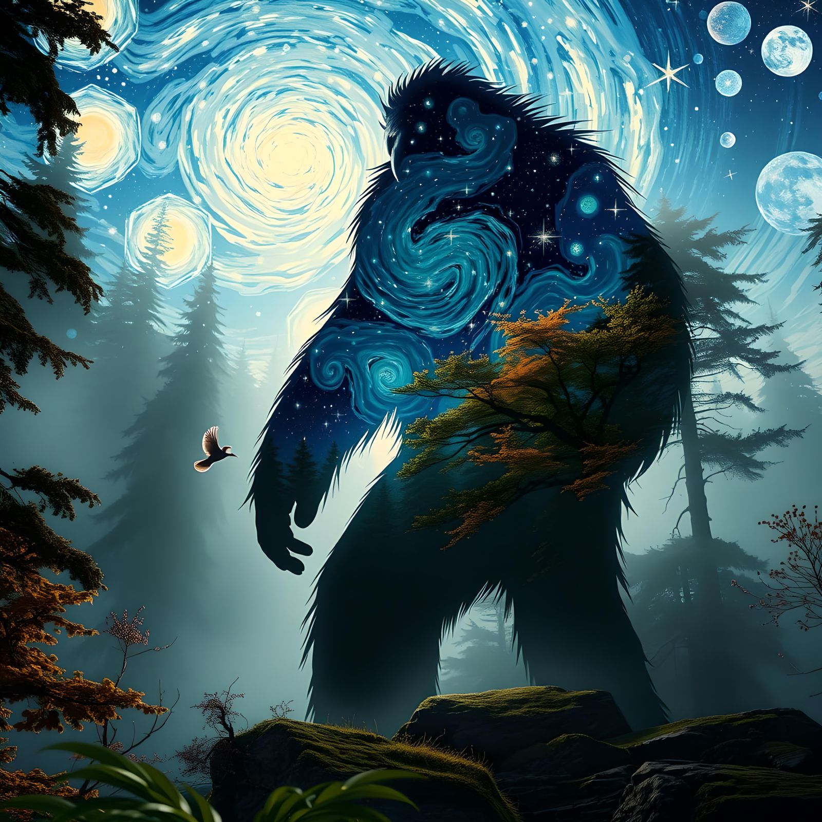 Yeti in Cosmic Forest: Van Gogh-Inspired Digital Art