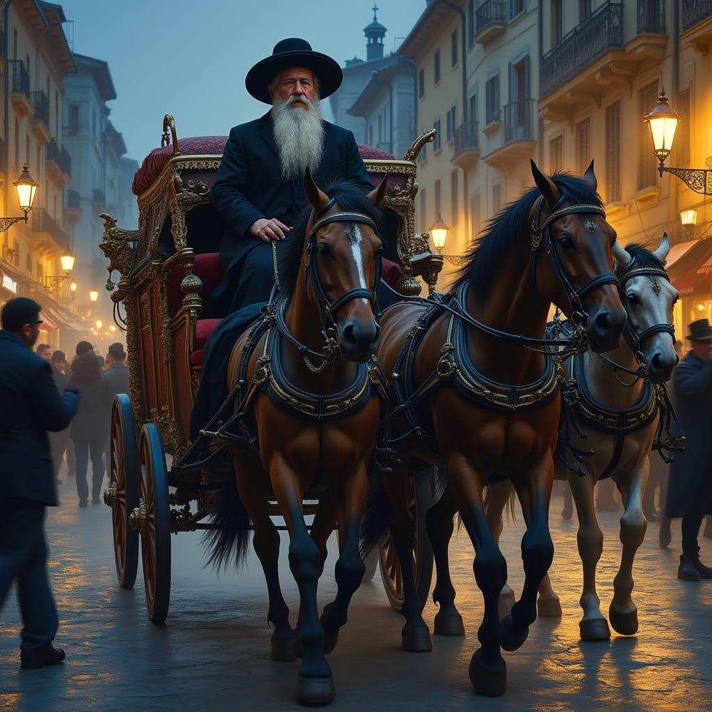 Rebbe of Sanz in Ornate Carriage at Twilight