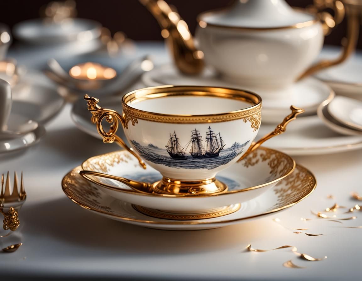 Miniature Ship Sails in Teacup at Magic Hour
