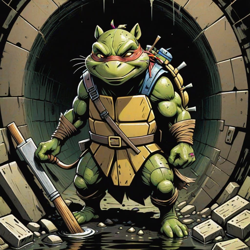 Splinter Transforms into a Ninja Turtle in a Woodcut-Inspire...