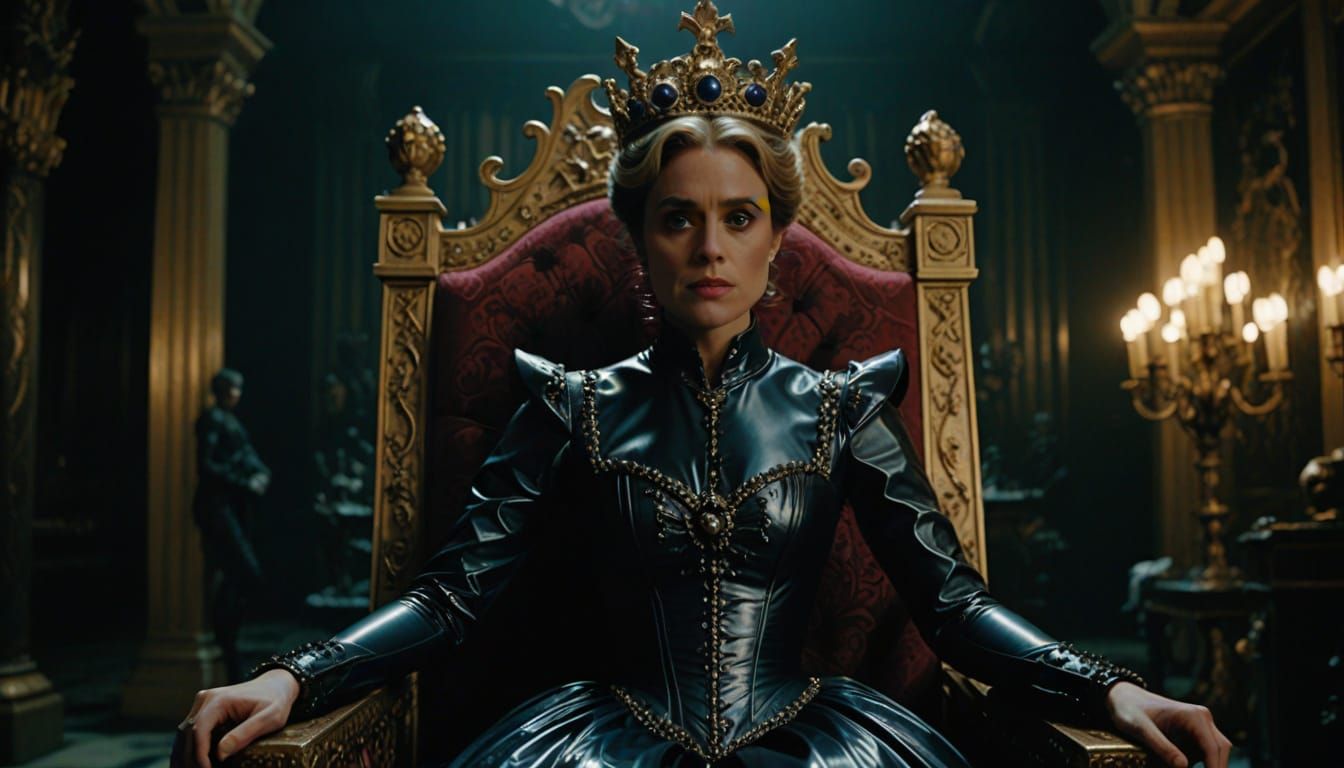 Ethereal Latex Princess in a Dark, Opulent Throne Room