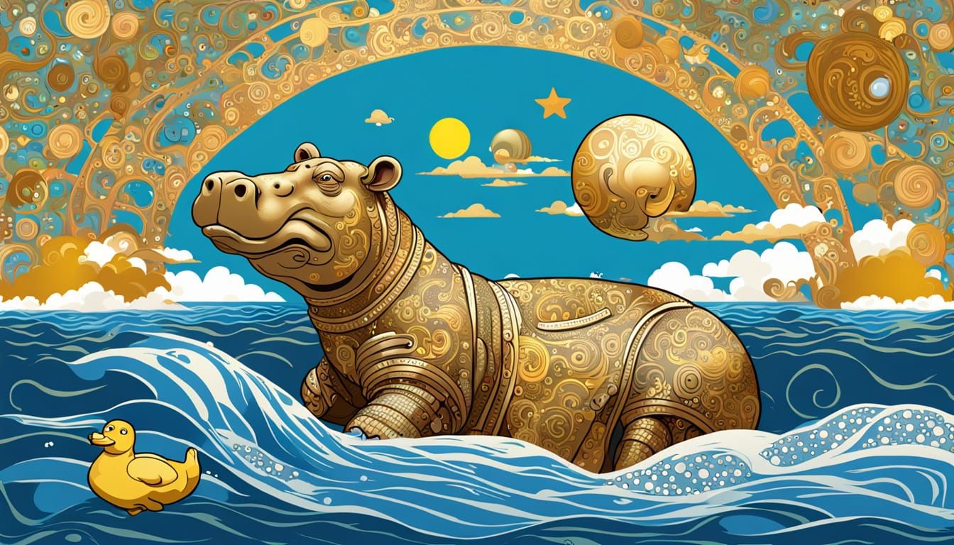 Golden Hippopotamus in Majestic Beach Scene