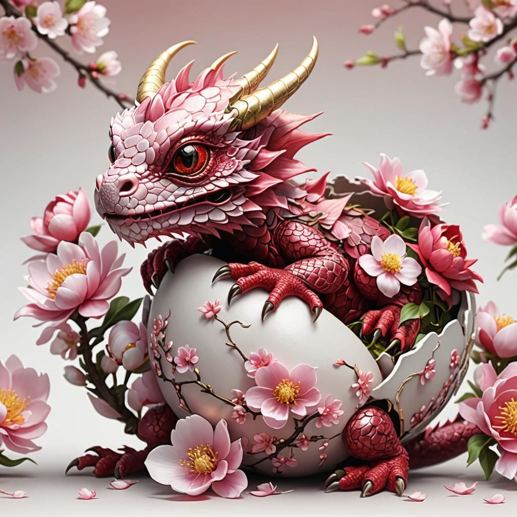 Cute Peony Dragon Hatching: Detailed Digital Art