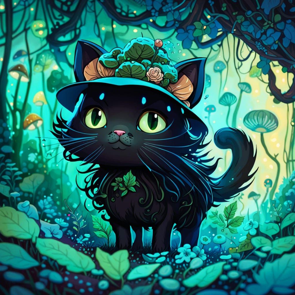 Chibi Mushroom Cat in Lush Forest, Hyperdetailed