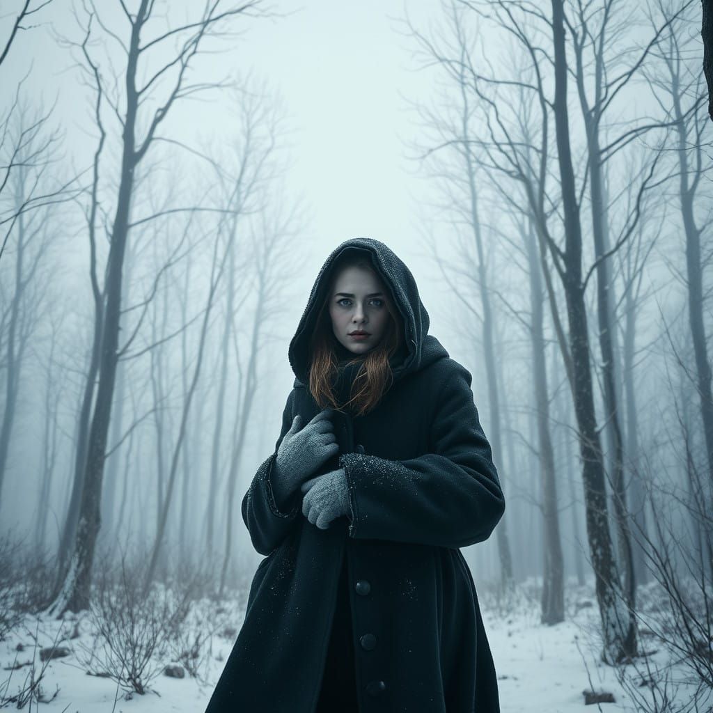 Ethereal Woman Stands at Winter's Edge, Surrounded by Ominou...