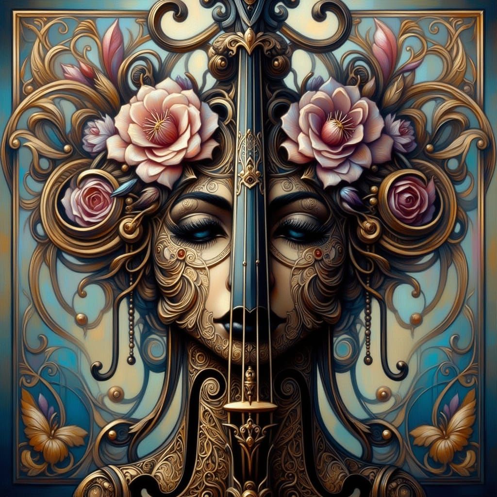 Ornate Violin with Brass Stems and Glass Blossoms