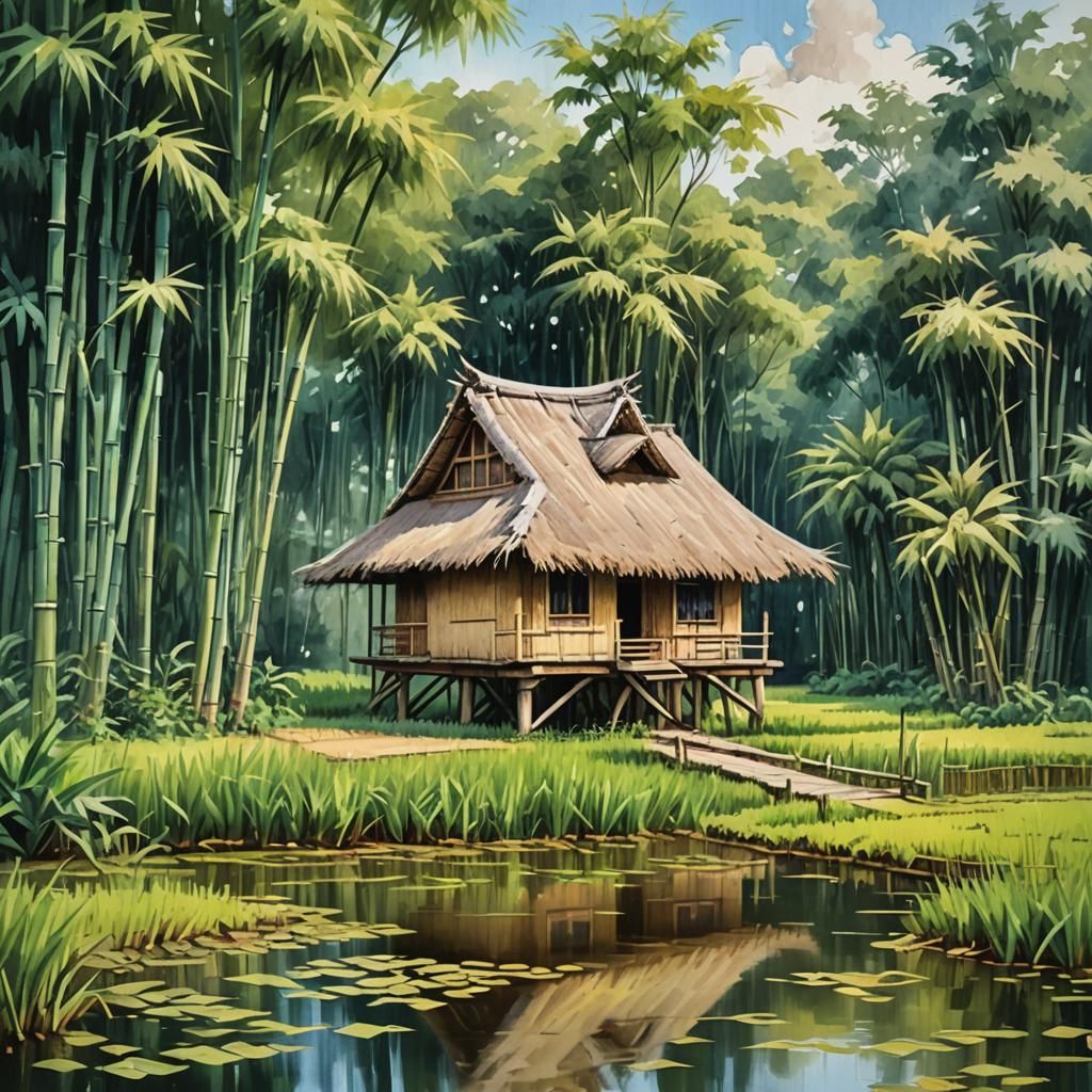 Bamboo House in Rice Paddy: Gouache Watercolor Painting