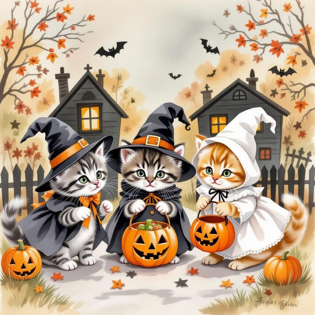 Halloween Kittens Trick-or-Treating in Beatrix Potter Style