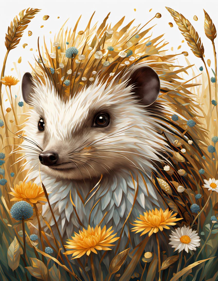 Whimsical Klimt-Inspired Hedgehog in a Vibrant Wildflower Me...
