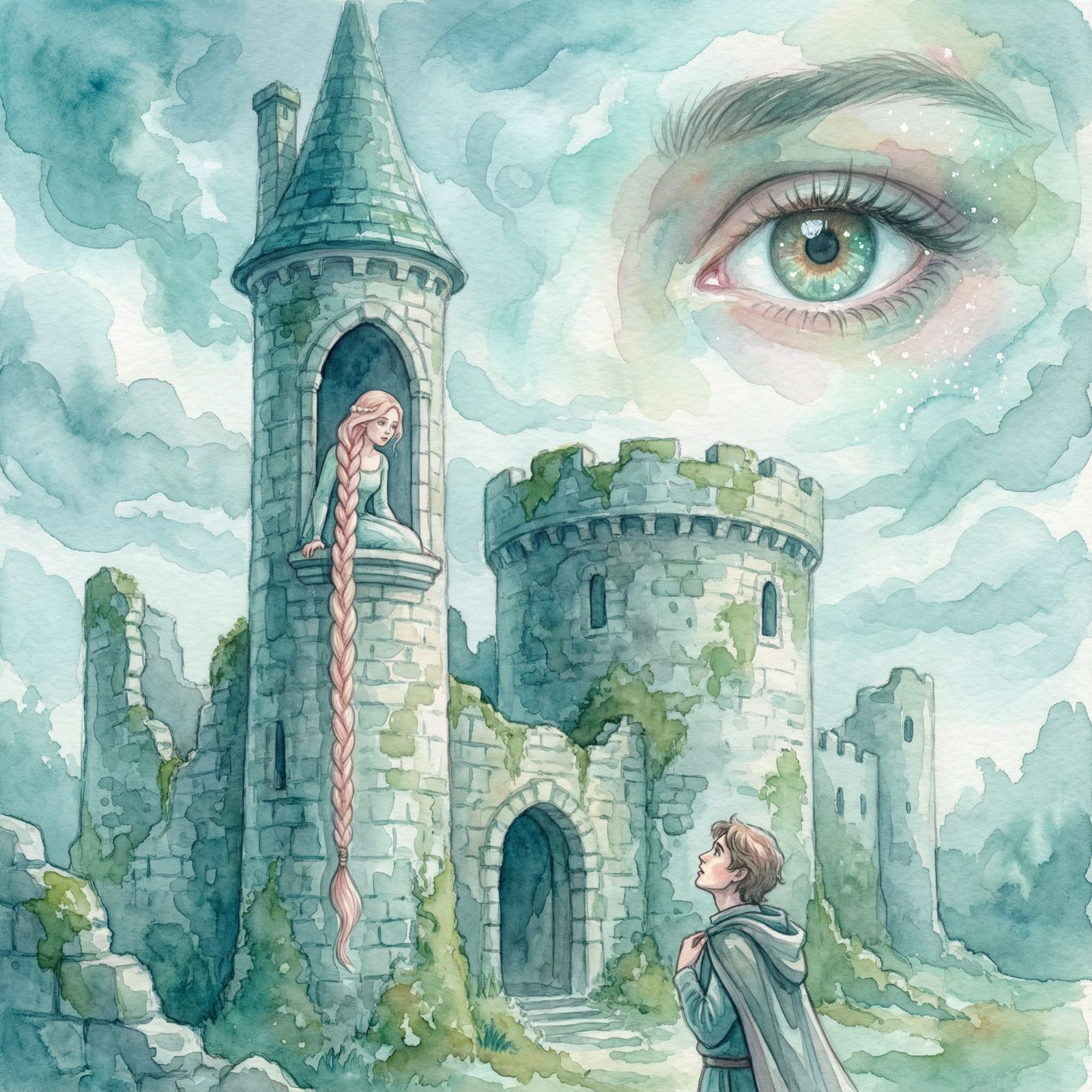 Surreal Watercolor Landscape with Towering Beauty and Watchi...