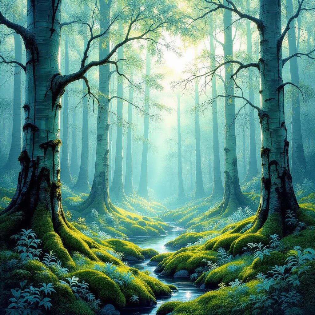 Ethereal Forest with Glass Trees in a Luminous Style