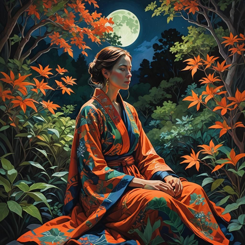 Glowing Woman in Moonlit Foliage: Bay Area Figurative Art