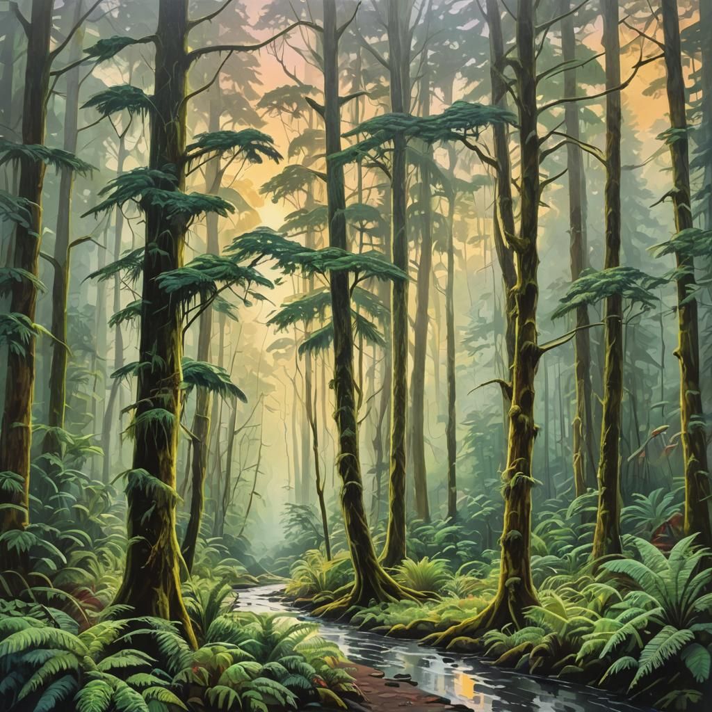Quinault Rainforest Sunrise in Gouache Style