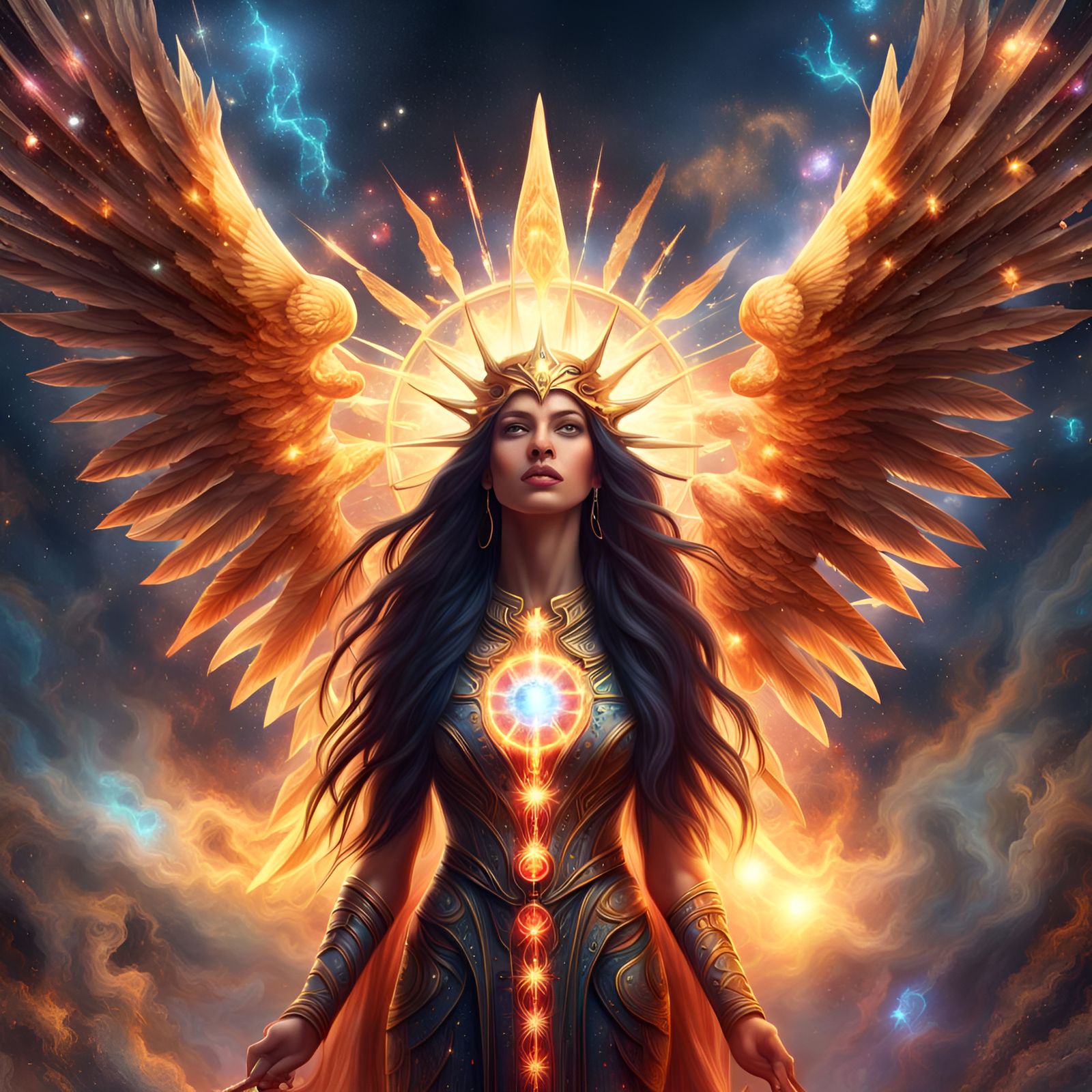 Celestial Priestess with Sun Sword in Digital Painting