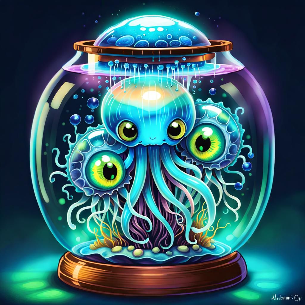 Bioluminescent Jellyfish Eye Hybrid in Fantasy Laboratory