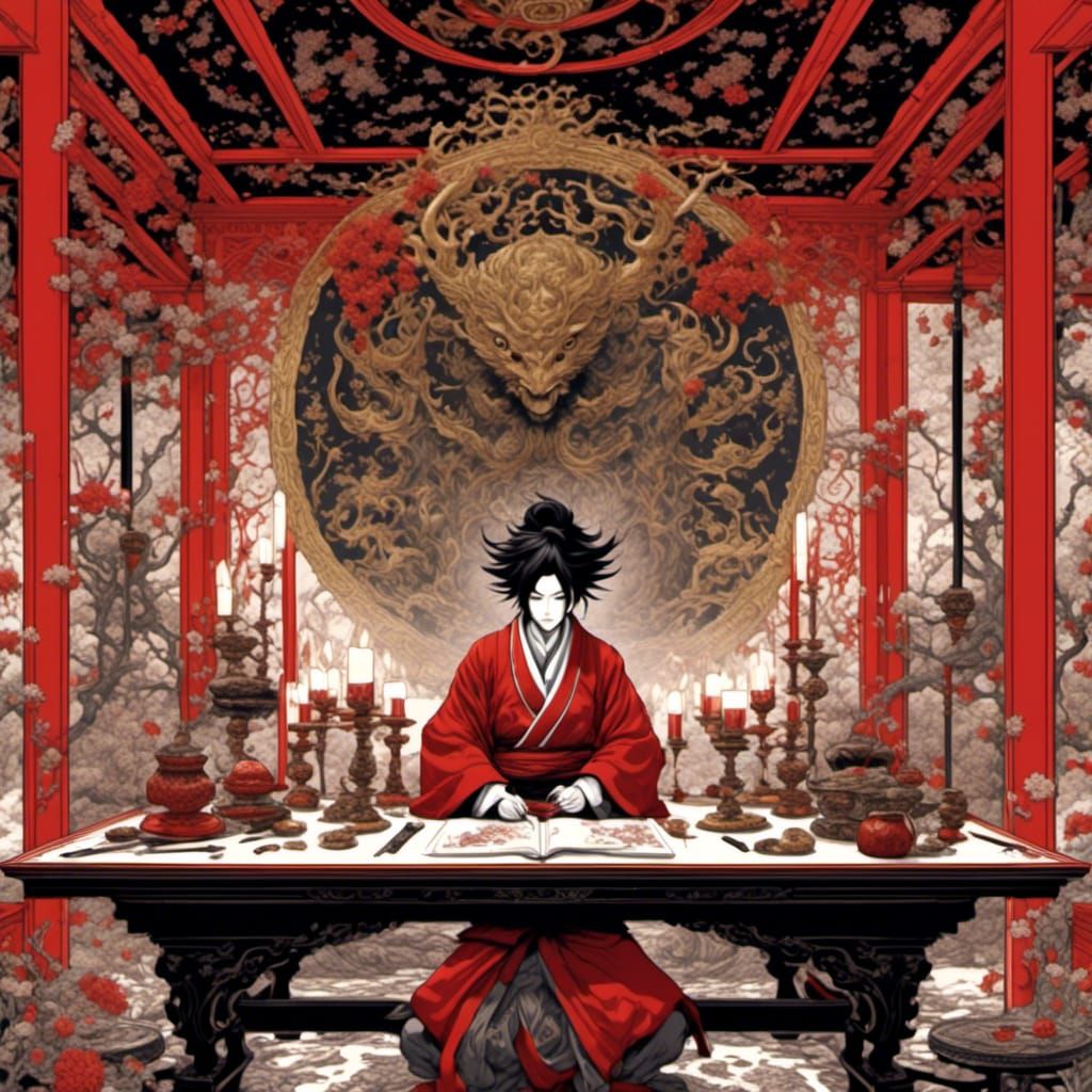 Japanese Daimyo Calligraphy in Candlelit Manor