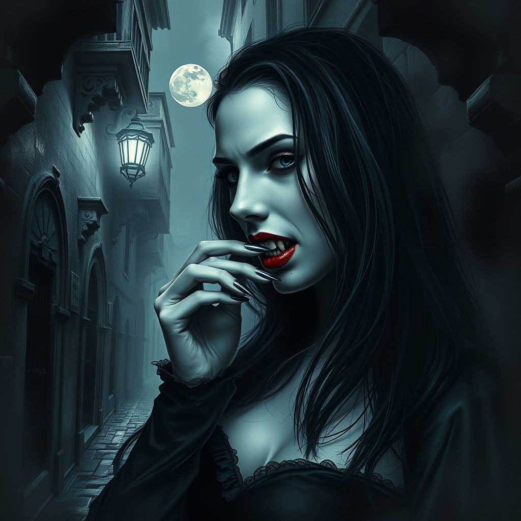Vampire in Dark Alleyway with Bloody Fangs