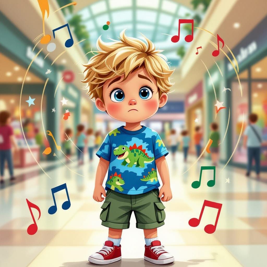 Distressed Boy in Mall, Children's Book Illustration