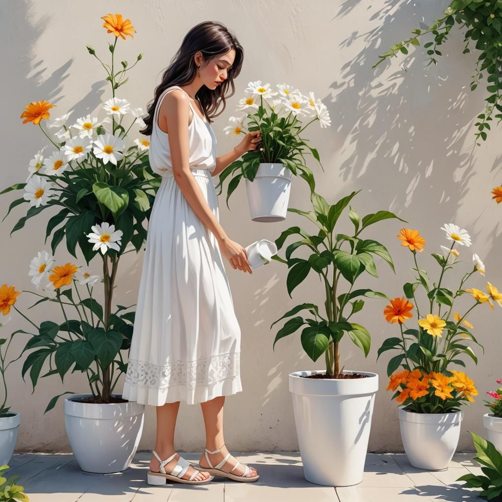 Girl Smelling Summer Flower: Vivid Digital Clipart