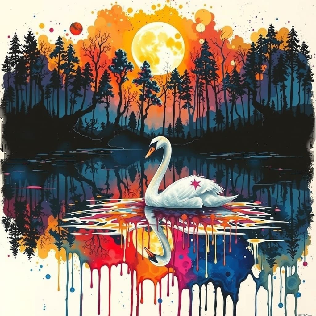 Glowing Swan in Vibrant Forest Cathedral