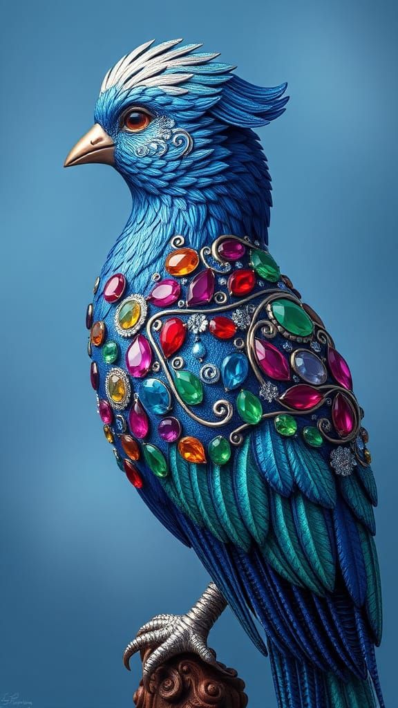 Majestic Blue Bird in Opulent Gemstone Adornment