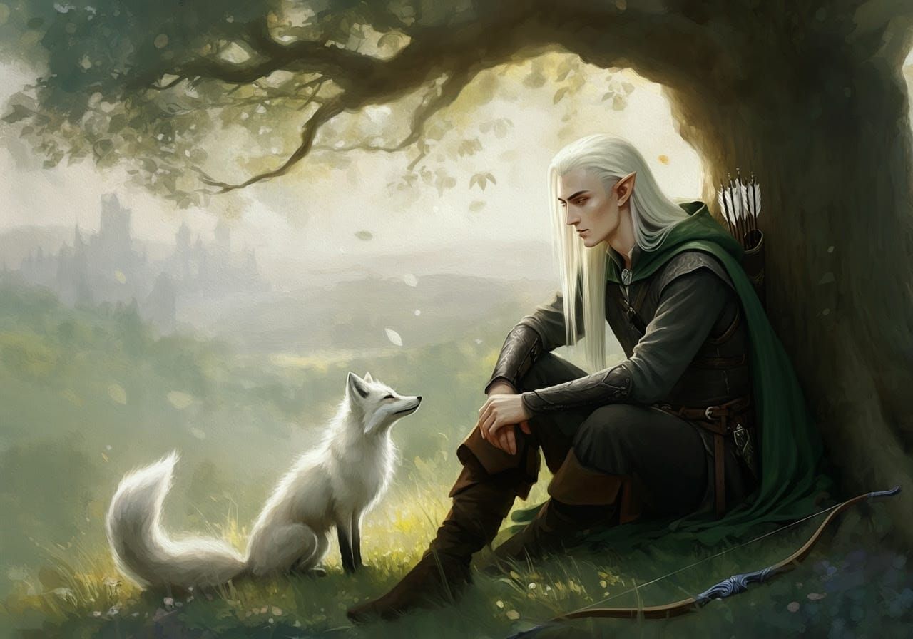 Elven Man Listens to Fox, Impressionist Watercolor