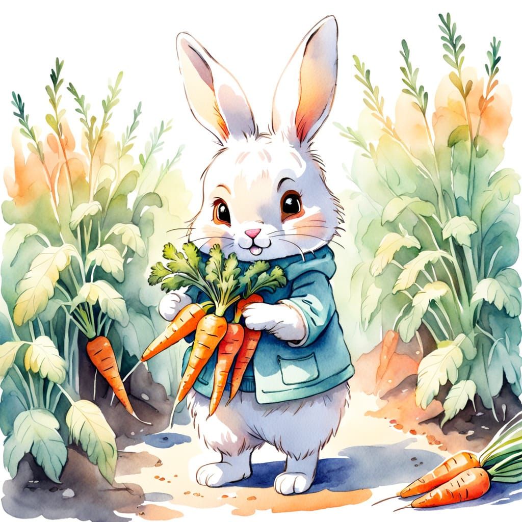 Adorable Gardener Rabbit Cub Holds Carrots in Watercolor Ske...