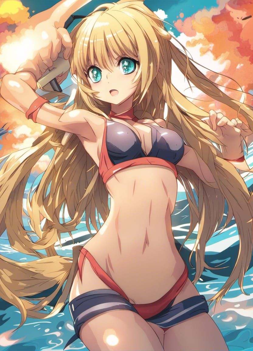 Blonde Anime Girl with Turquoise Eyes in Bikini